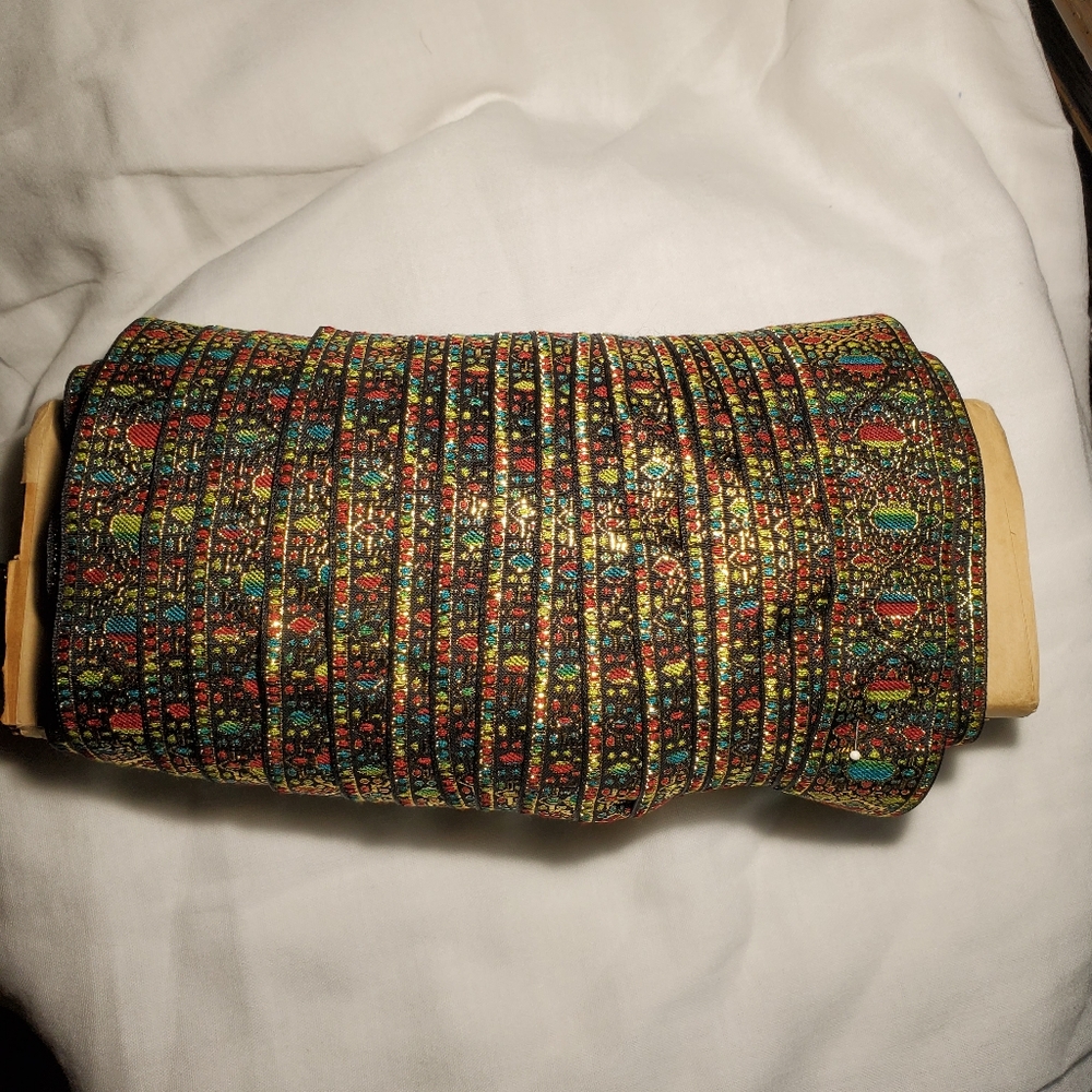 34 Yds 1.5" Wide Vtg Metallic Gold w/ Jewel Tones on Black Brocade Trim 3 Pieces
